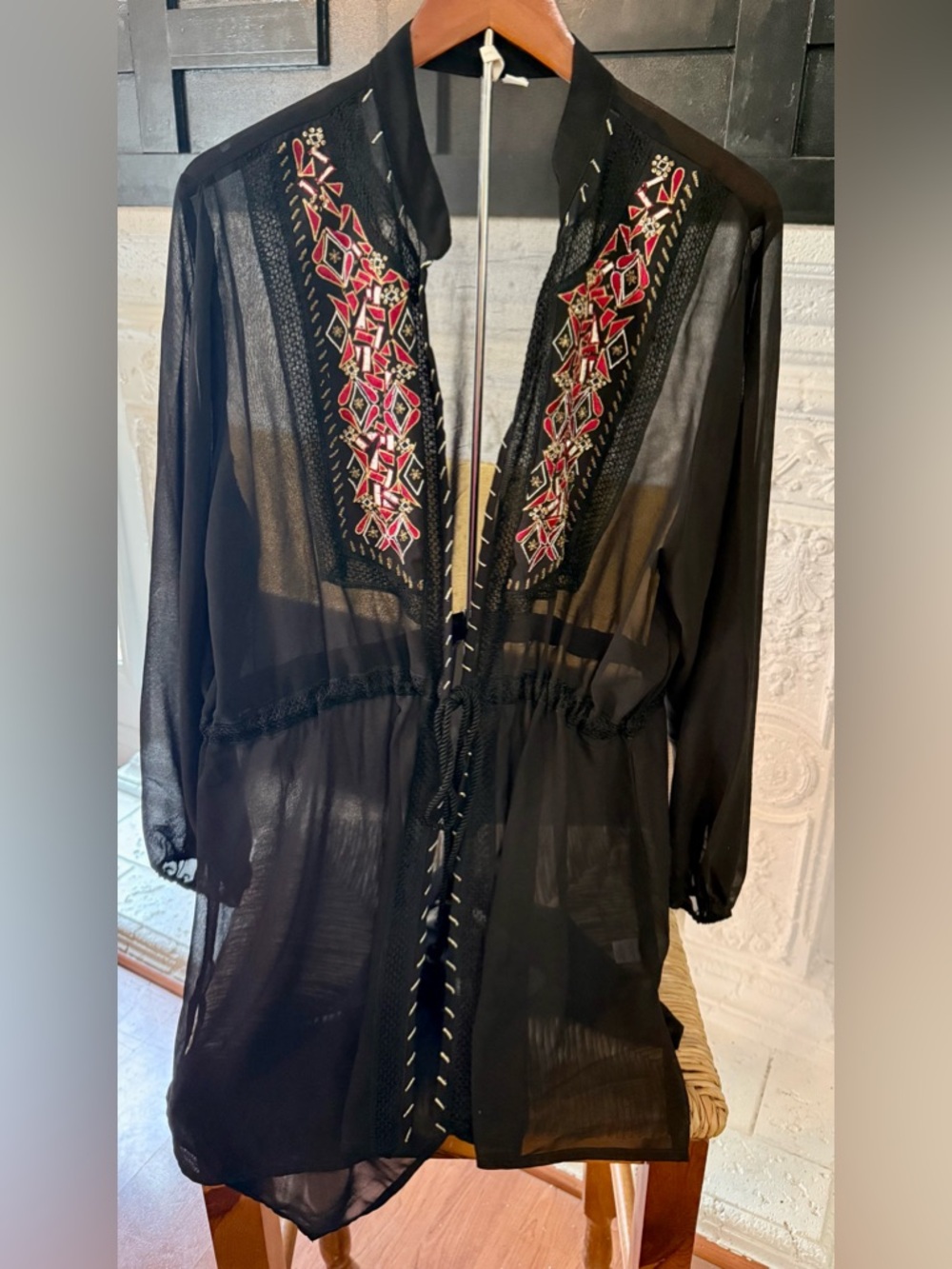 Pre-Loved Sheer Black Embroidered Open Duster